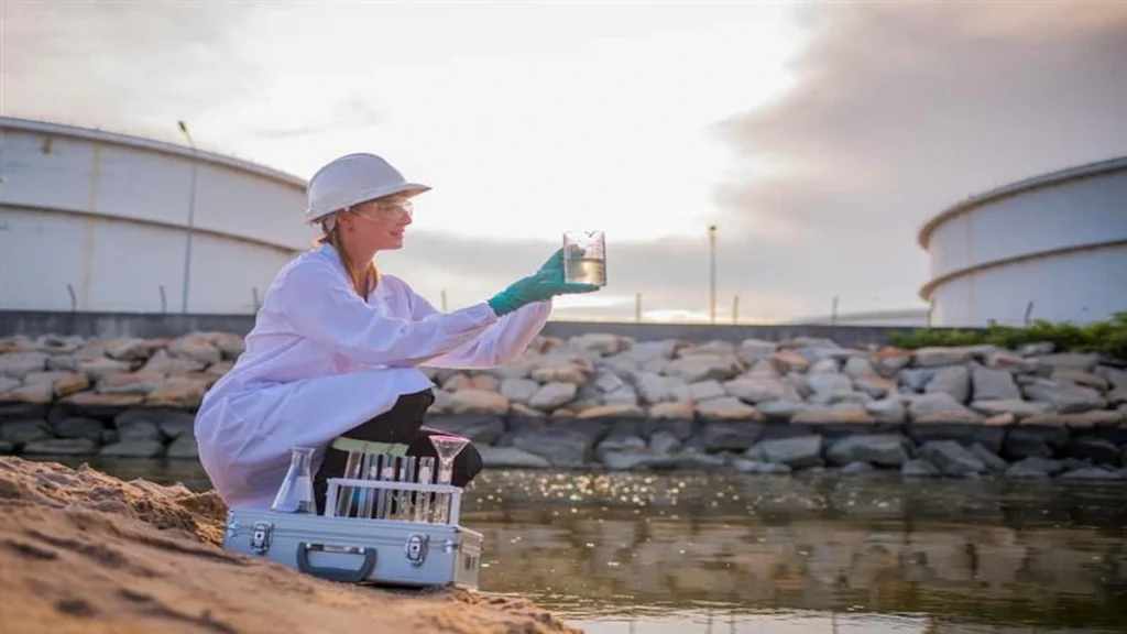 Scientist in lab coat and safety gear collects water sample from industrial site for biological process wastewater treatment analysis