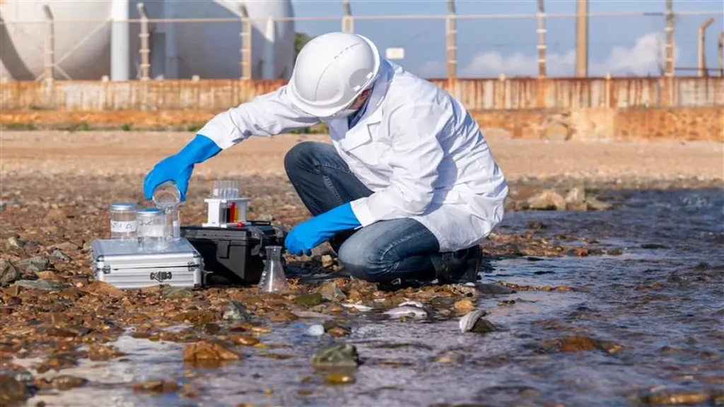 Scientist sampling water for biological wastewater treatment near an industrial site